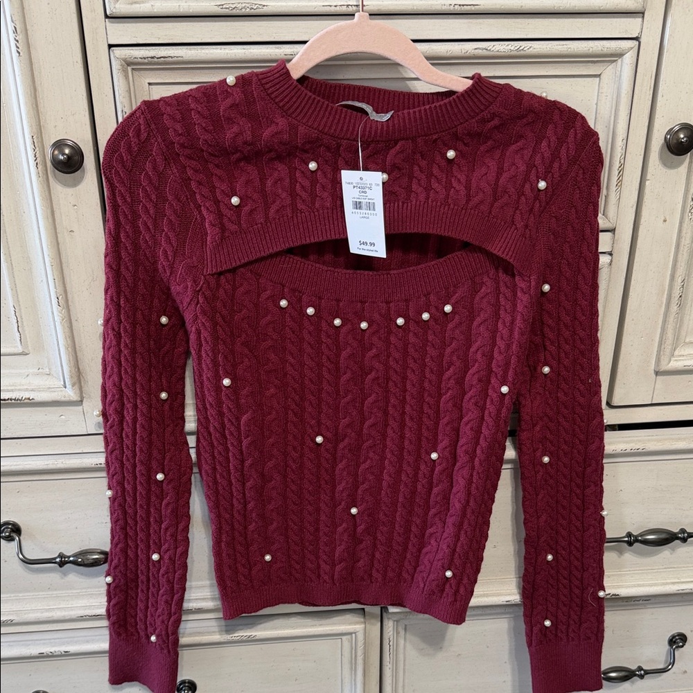 Pearl-Accent Cable Knit Crewneck Sweater - Burgundy NWT Red by Buckle
